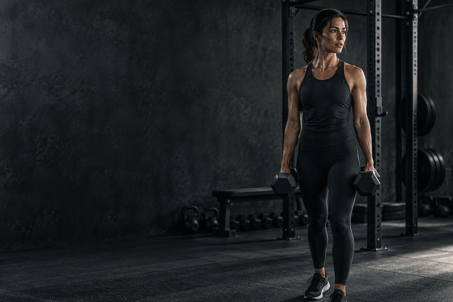An athlete preparing for a dumbbell workout in a dark gym
